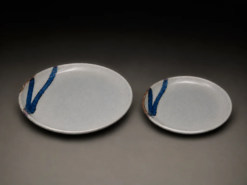 Grey plates with blue V stripe