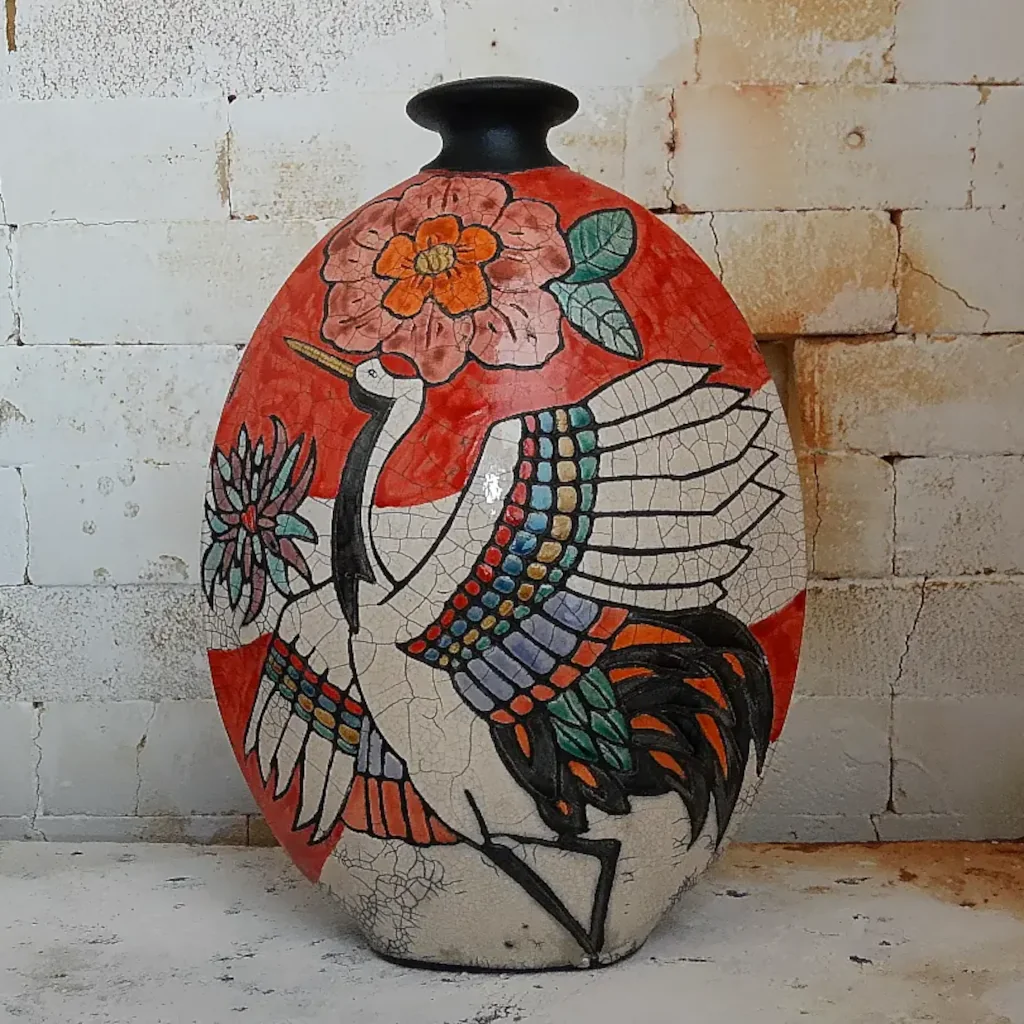 Crane motif raku vase