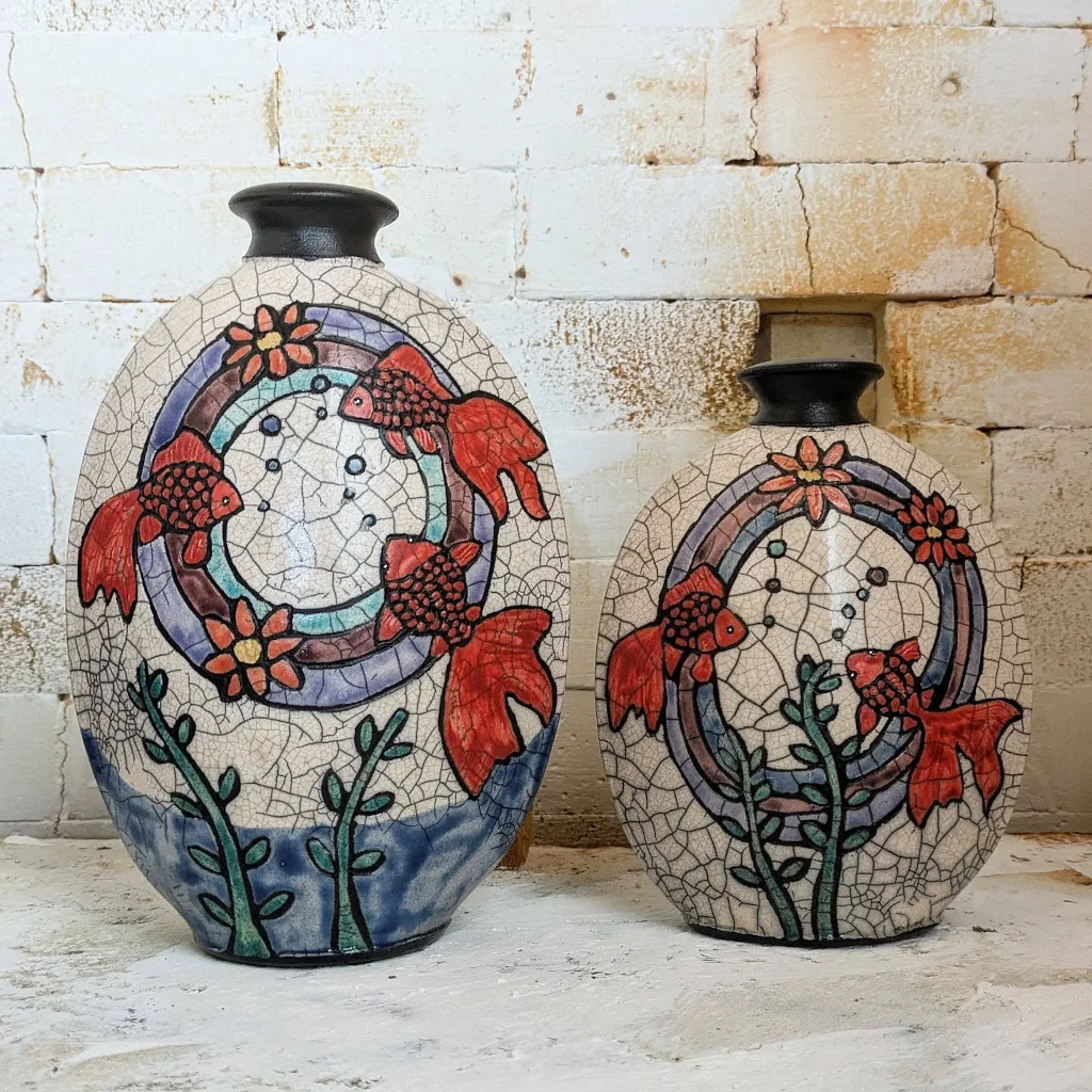 Fish motif raku vase duet